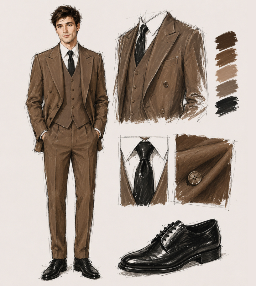 Джейкоб Элорди В шоколадном костюме Burberry
