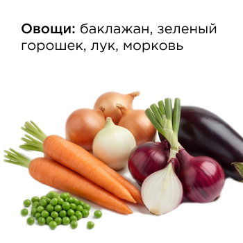 Овощи: баклажан, зеленый горошек, лук, морковь