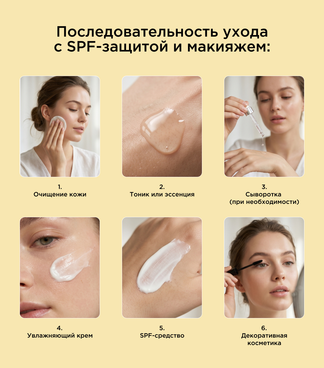 Последовательность ухода с SPF-защитой и макияжем