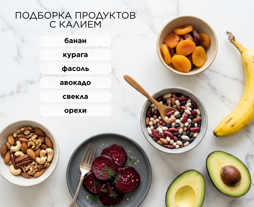 Подборка продуктов с калием: банан, курага, фасоль, авокадо, свекла, орехи