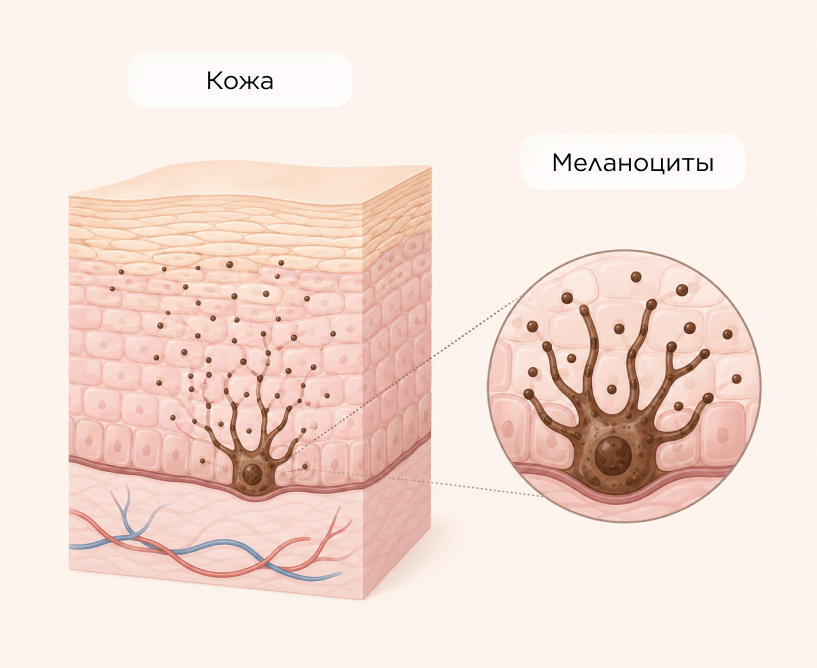 Минималистичная схема кожи с обозначением меланоцитов