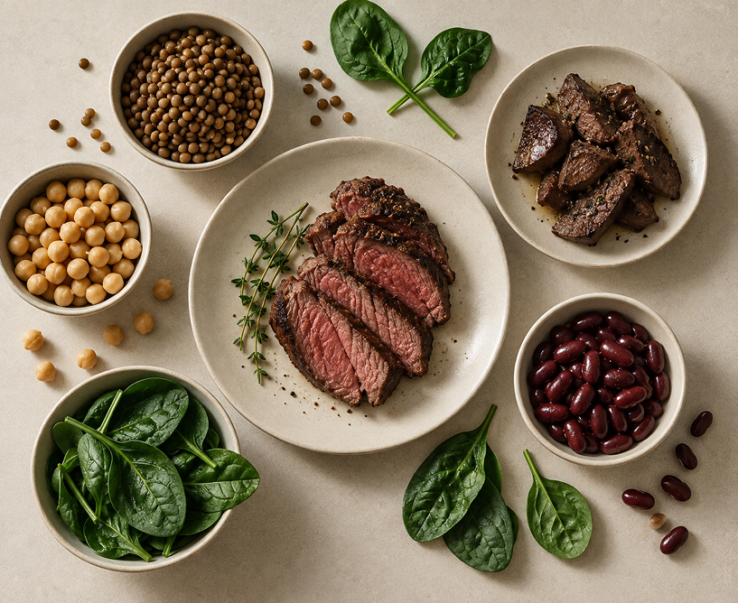 продукты, богатые железом: красное мясо, печень, шпинат, чечевица, нут, фасоль
