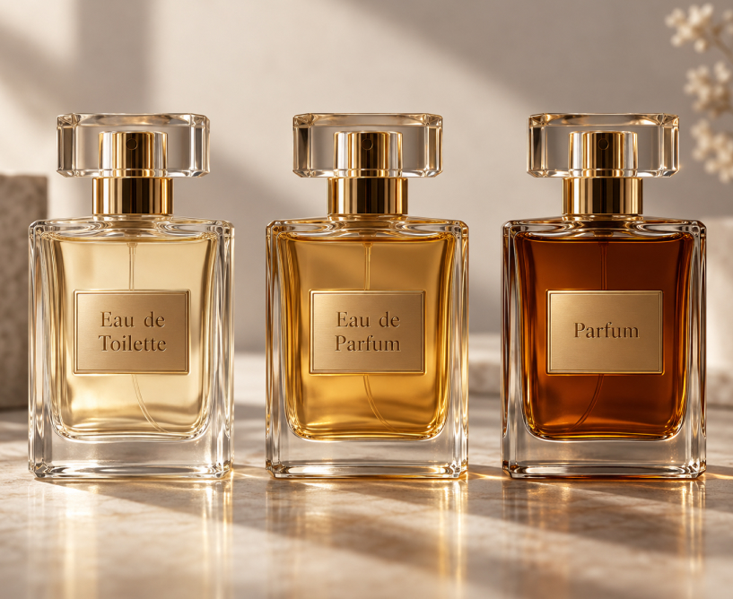 Флаконы с обозначениями Eau de Toilette, Eau de Parfum и Parfum