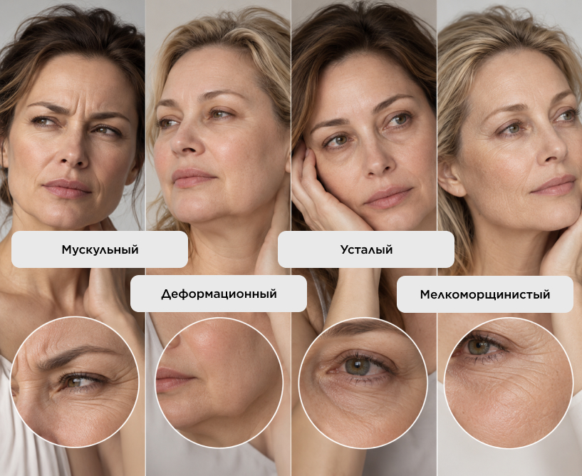 Мускульный, деформационный, усталый и мелкоморщинистый тип старения