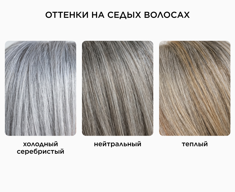 Изображение 3 — Сравнение холодного серебристого, нейтрального и теплого оттенков на седых волосах